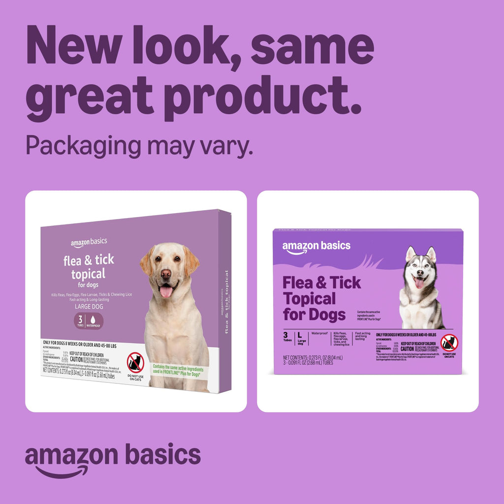 Amazon Basics Flea and Tick Topical Treatment and Prevention for Large Dogs (45-88 lbs), Fast Acting and Long Lasting, Tick Prevention, 6 Count, Packaging May Vary