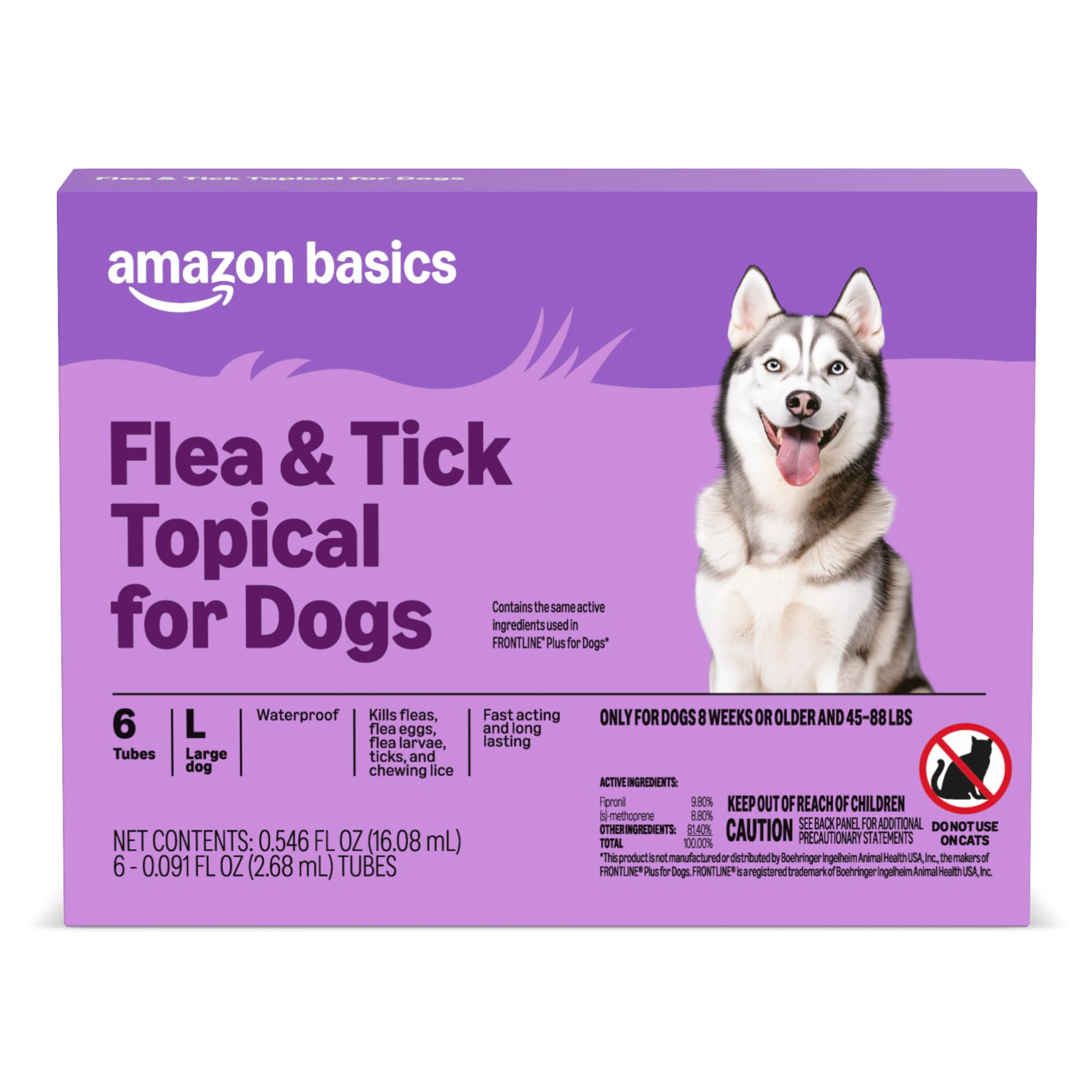 Amazon Basics Flea and Tick Topical Treatment and Prevention for Large Dogs (45-88 lbs), Fast Acting and Long Lasting, Tick Prevention, 6 Count, Packaging May Vary