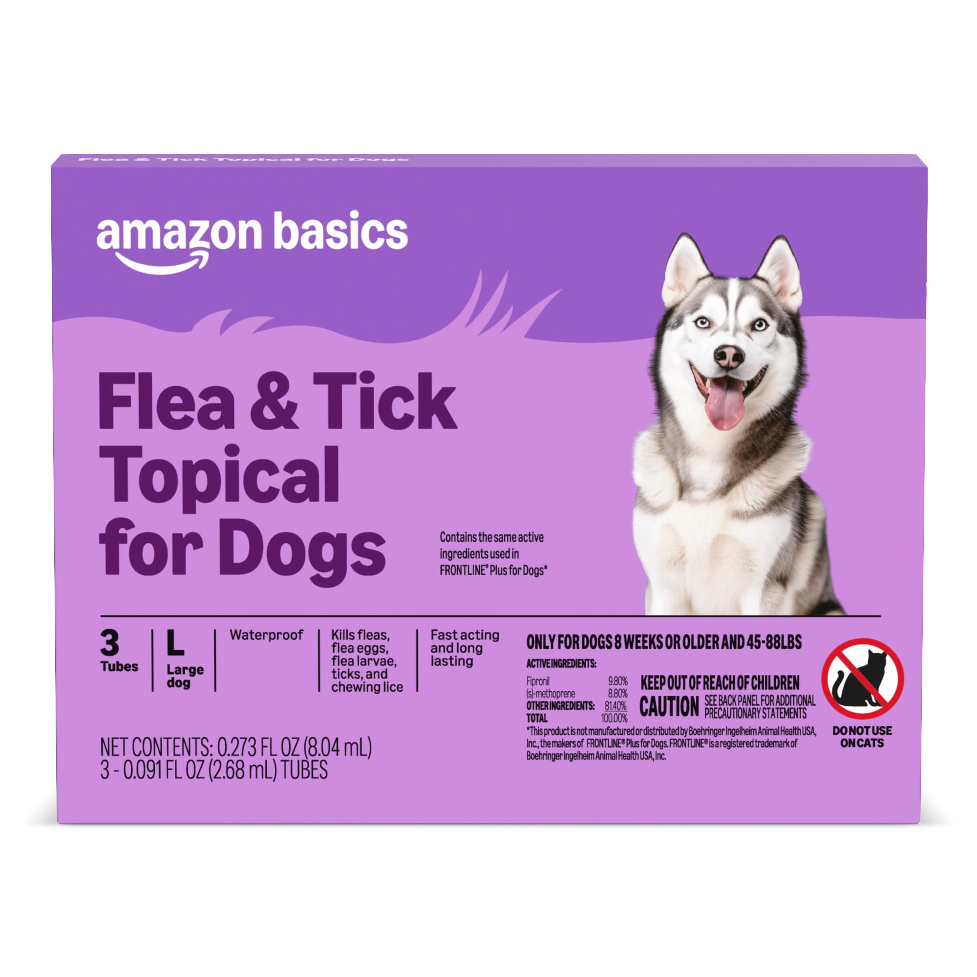 Amazon Basics Flea and Tick Topical Treatment and Prevention for Large Dogs (45-88 lbs), Fast Acting and Long Lasting, Tick Prevention, 6 Count, Packaging May Vary