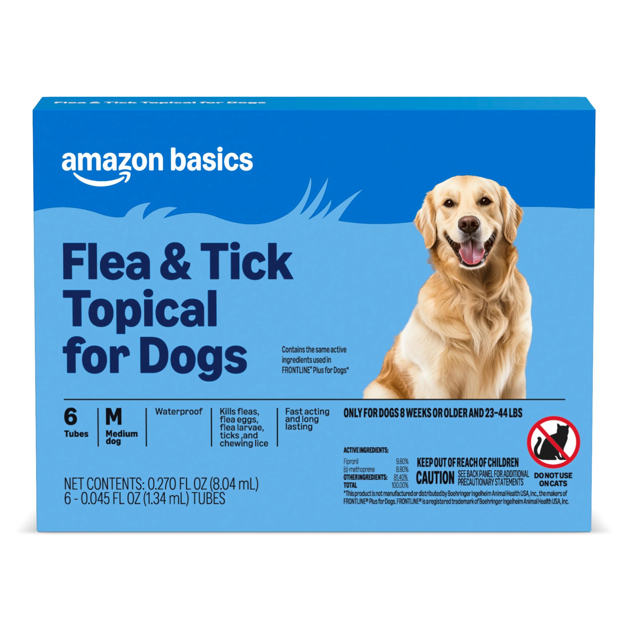 Amazon Basics Preventative Flea and Tick Topical Treatment for Medium Dogs (23-44 lbs), Up to 30 Days Protection, Fast Acting, 6 Counts, Packaging May Vary