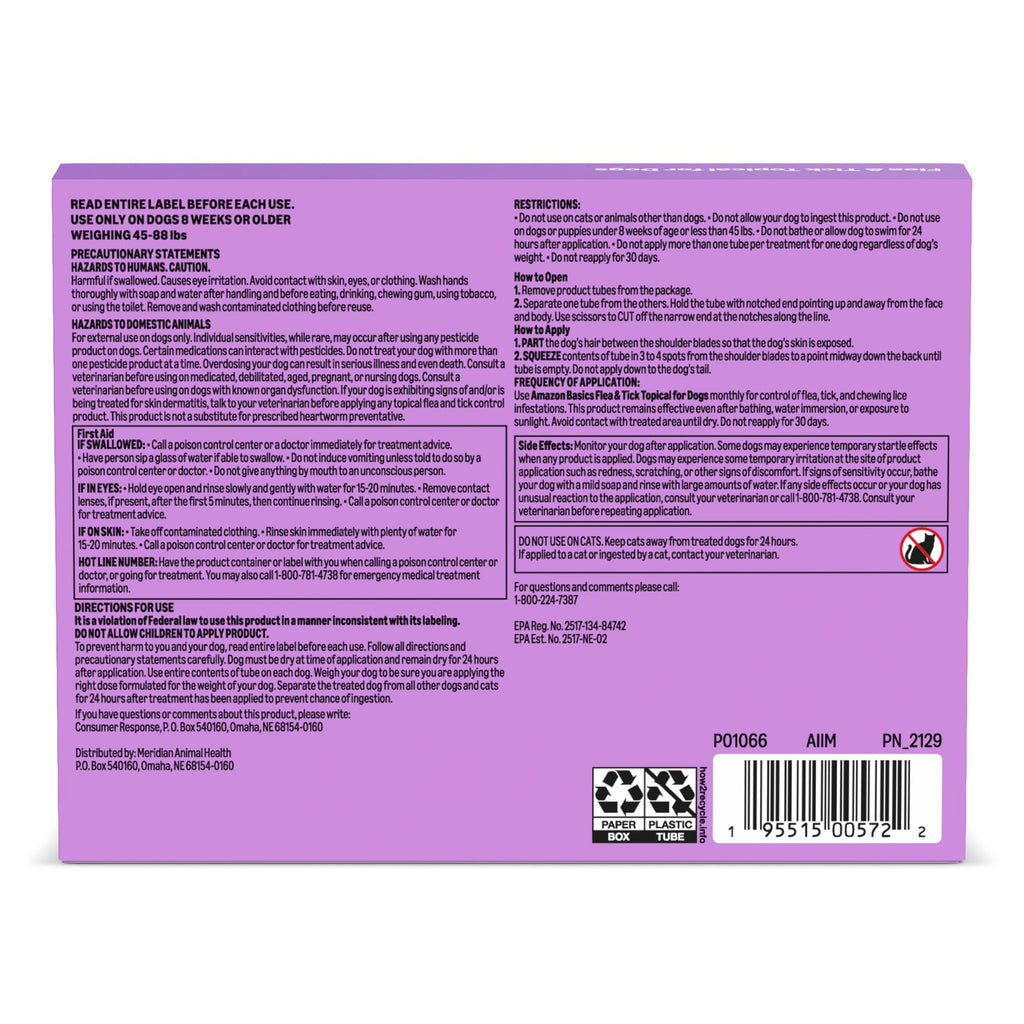Amazon Basics Flea and Tick Topical Treatment and Prevention for Large Dogs (45-88 lbs), Fast Acting and Long Lasting, Tick Prevention, 6 Count, Packaging May Vary