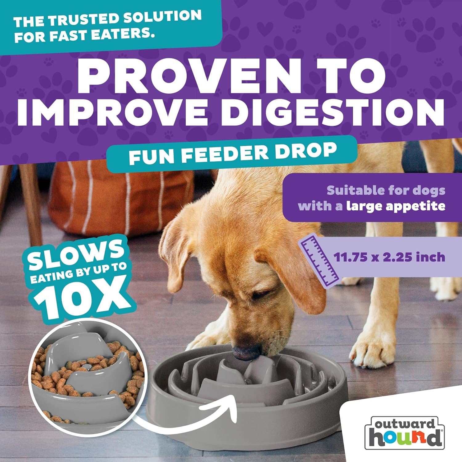 Outward Hound Fun Feeder Slo Bowl – Large 4‑Cup Capacity,Slow Feeding,Medium to Large Dogs,Non‑Slip,Orange,Swirl Pattern,(Pack of 6)