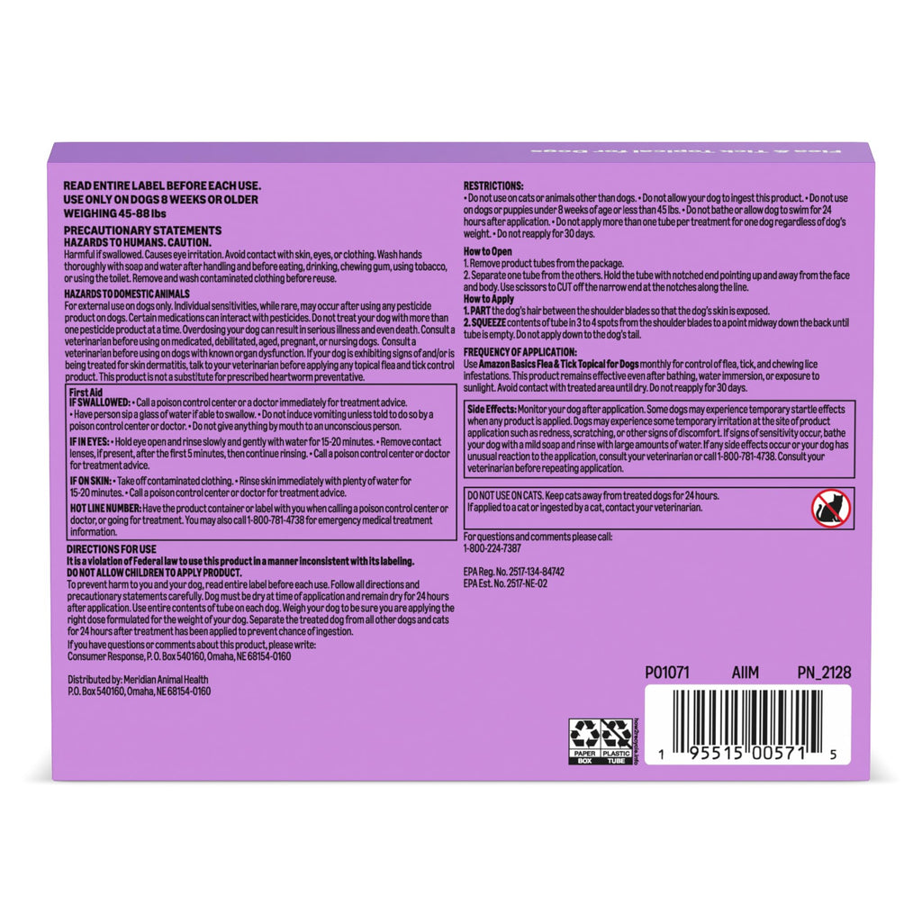Amazon Basics Flea and Tick Topical Treatment and Prevention for Large Dogs (45-88 lbs), Fast Acting and Long Lasting, Tick Prevention, 6 Count, Packaging May Vary