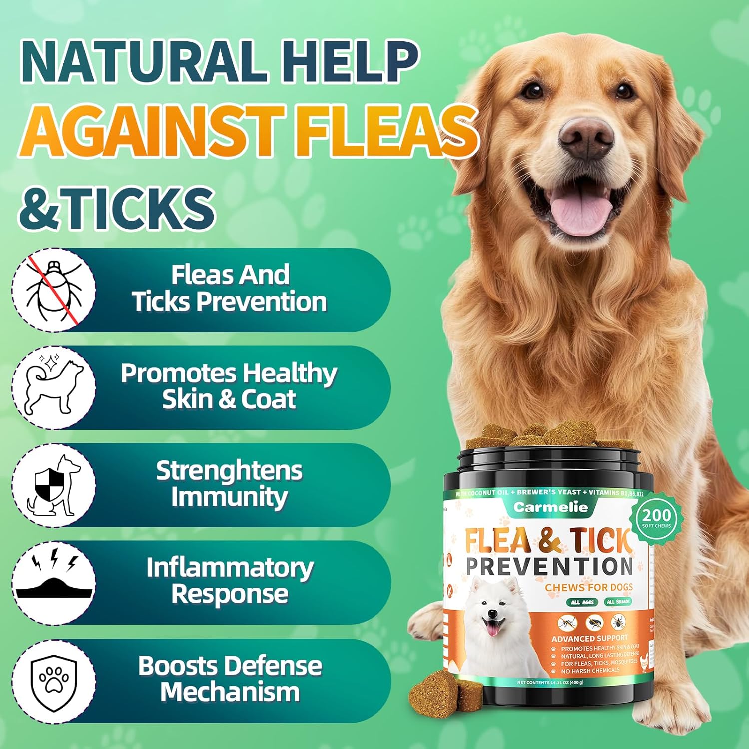 Carmelie Flea and Tick Prevention for Dogs Chewables - 200 Soft Chews Natural Dog Flea and Tick Chewables, Oral Flea Supplement for Dogs, Puppy Flea Support - All Breeds & Ages - Chicken Flavor