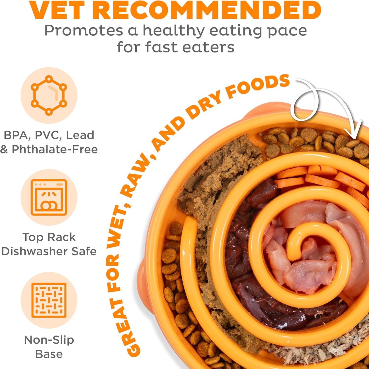 Outward Hound Fun Feeder Slo Bowl – Large 4‑Cup Capacity,Slow Feeding,Medium to Large Dogs,Non‑Slip,Orange,Swirl Pattern,(Pack of 6)