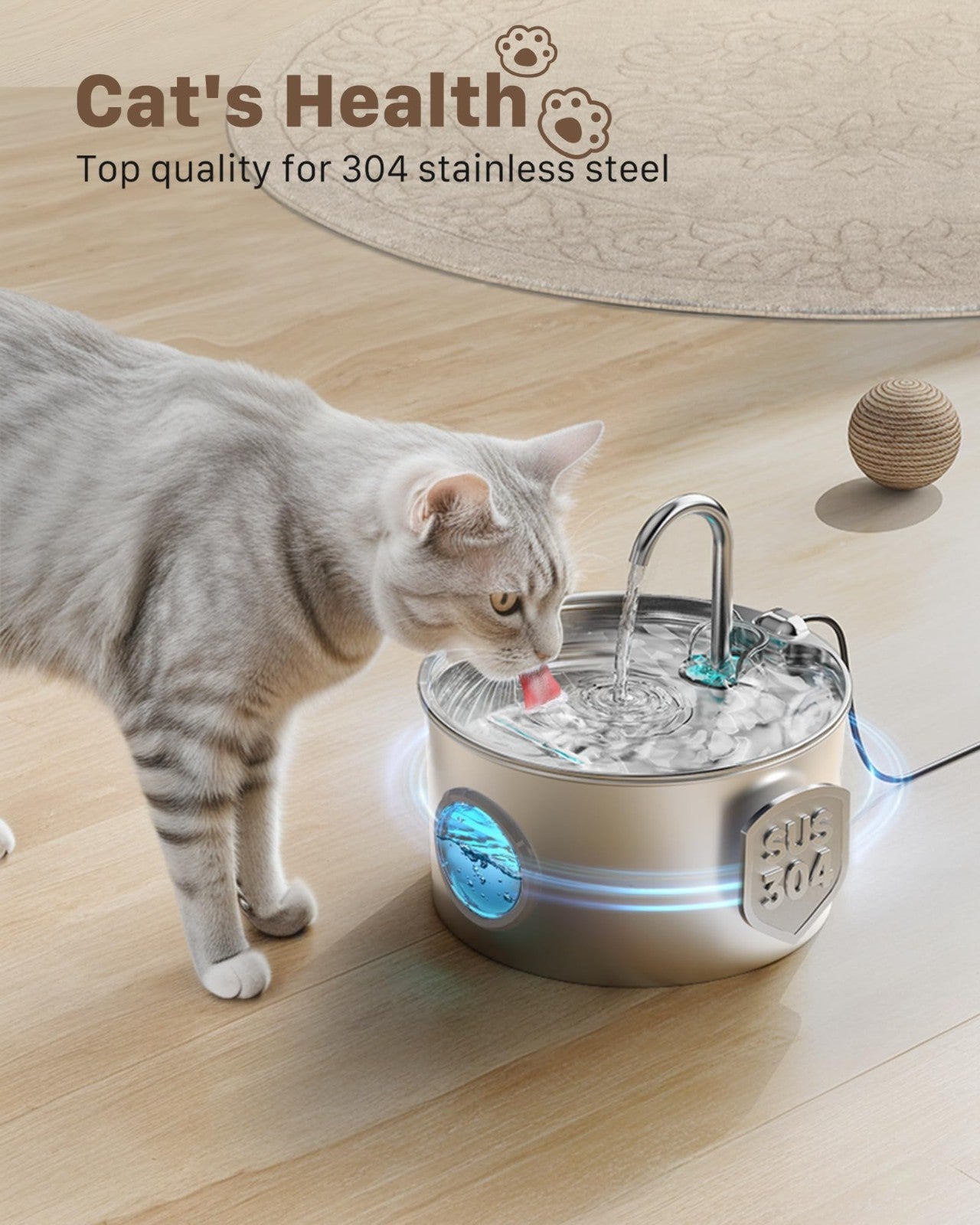 Stainless Steel Cat Water Fountain 3.2L Pet Drinking Fountain Dispenser for Cats