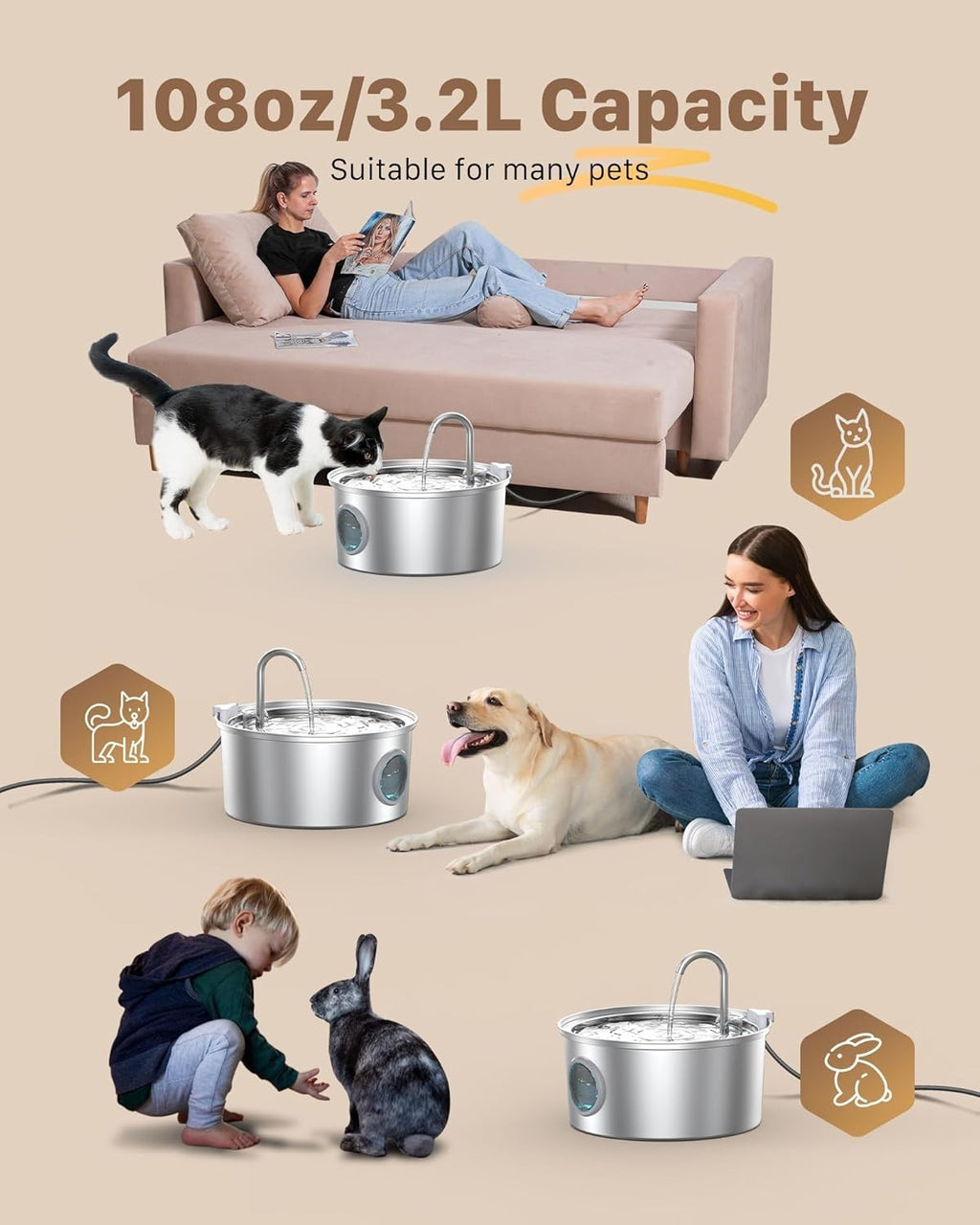 Stainless Steel Cat Water Fountain 3.2L Pet Drinking Fountain Dispenser for Cats